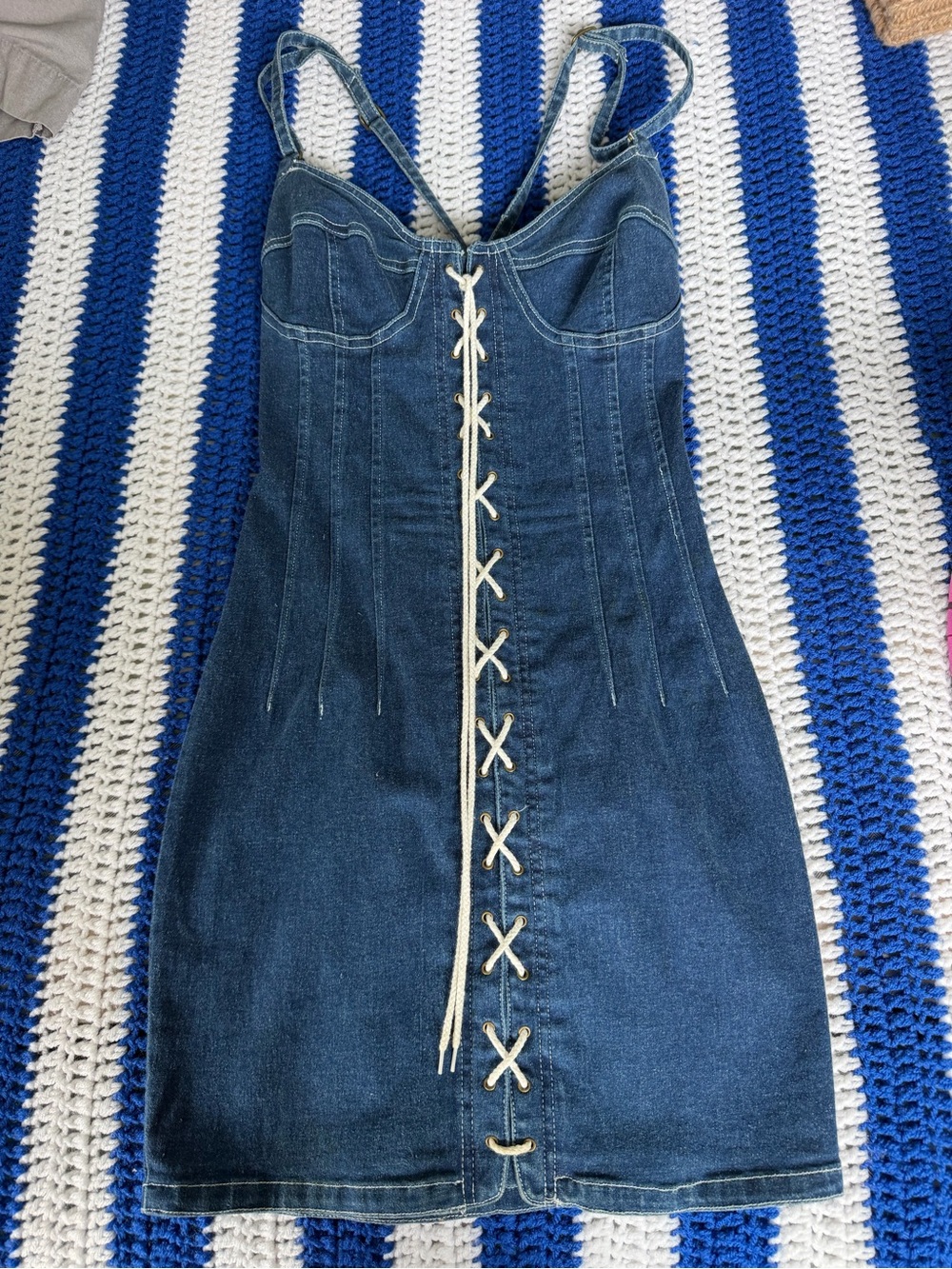 Denim Corset Lace-Up Mini Dress - Dark Blue